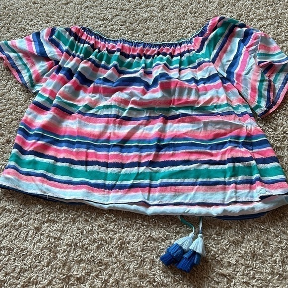 Like New Lilly Pulitzer Sain Sandy Shell Stripe Off-the-shoulder Tasseled Top - Picture 5 of 5